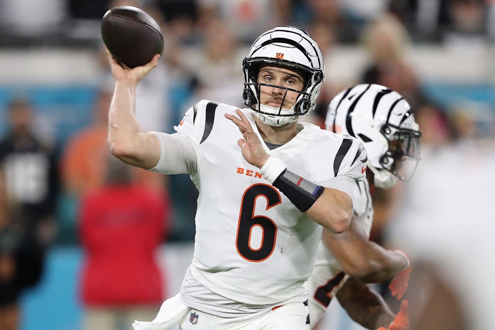 Jake Browning (6) of the Cincinnati Bengals throws a pass against the Jacksonville Jaguars during the second quarter at EverBank Stadium on Monday, Dec. 4, 2023, in Jacksonville, Florida. (Courtney Culbreath/Getty Images/TNS)