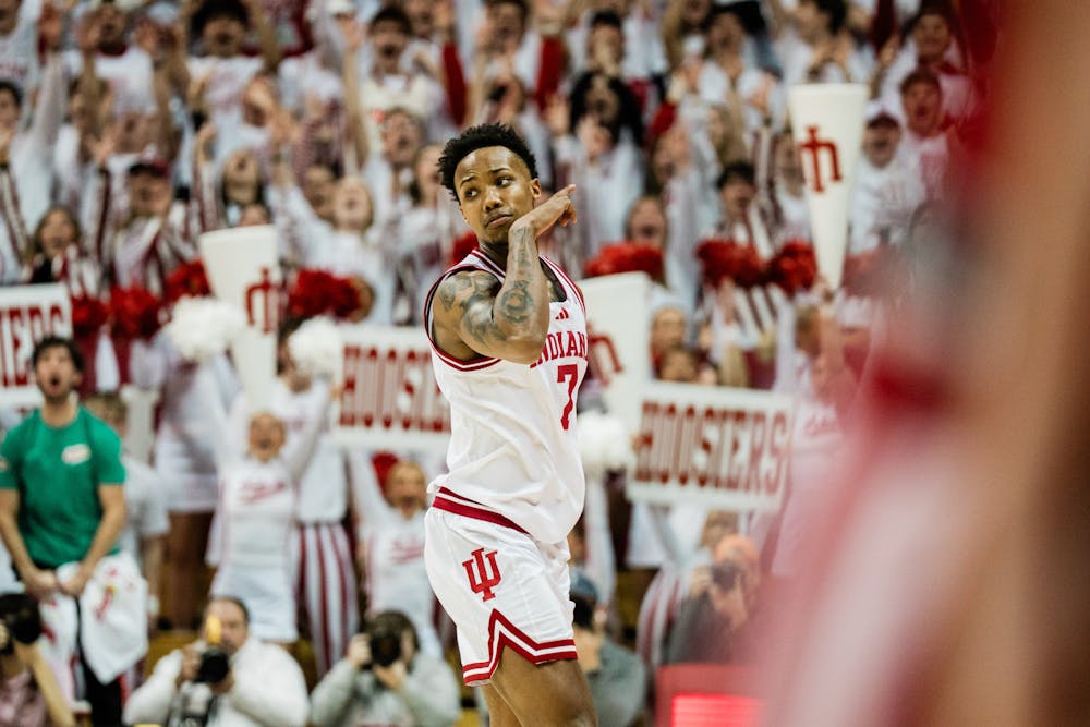 Nick Dorn celebrates during Indiana's win over No. 12 Purdue on Jan. 27, 2026. (HN photo/Shrithik Karthik)