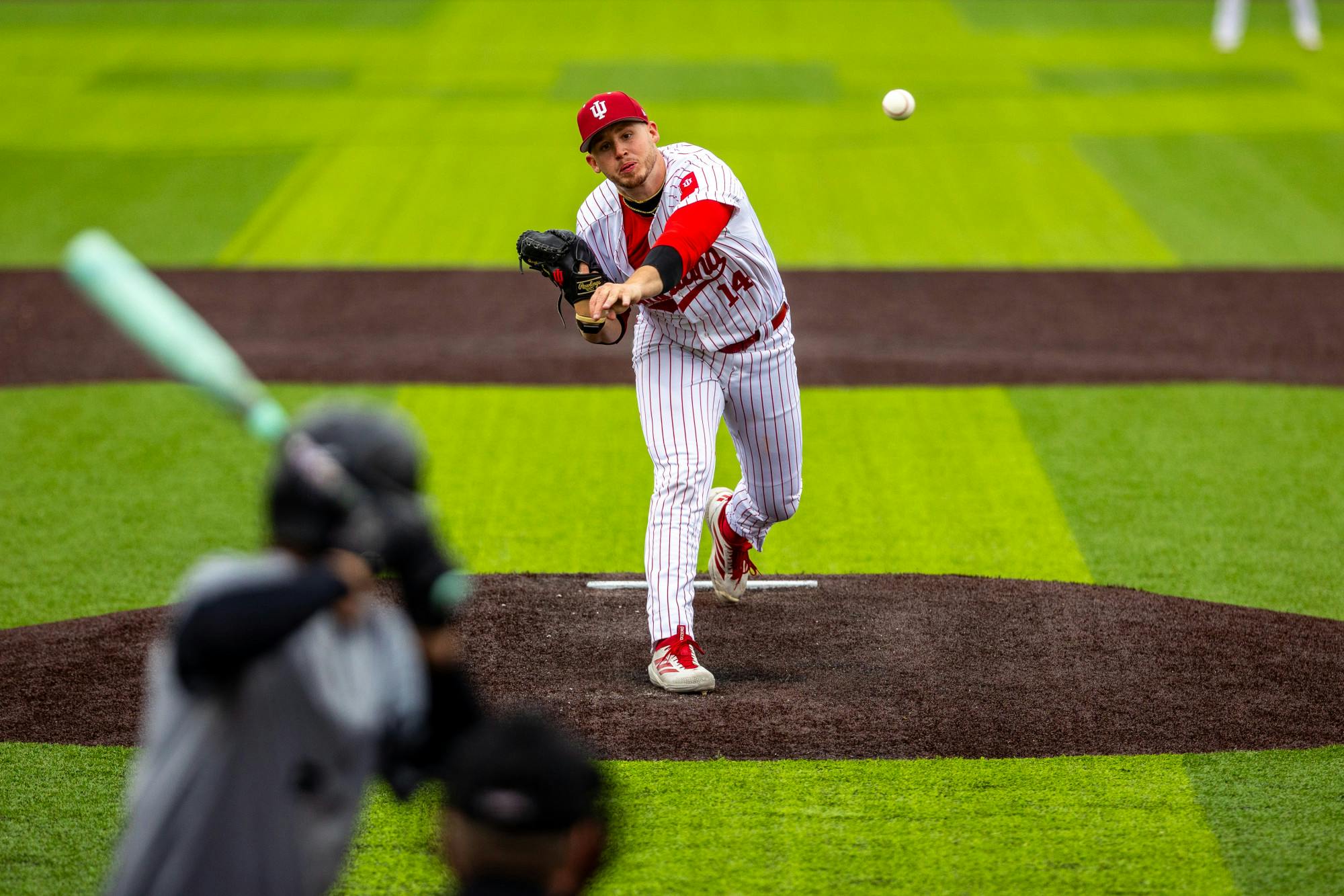 Brayton Thomas delivers a pitch during Indiana's loss to Abilene Christian on April 18, 2026. (HN photo/Lauren McKinney)