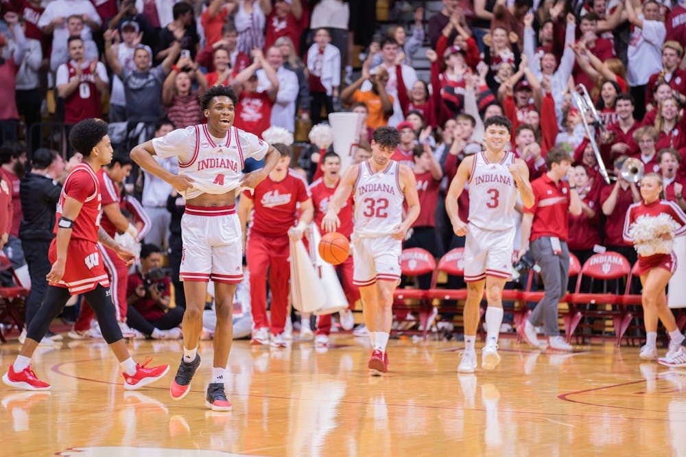 Indiana players celebrate the 74-70 victory over Wisconsin (HN photo/Danielle Stockwell)