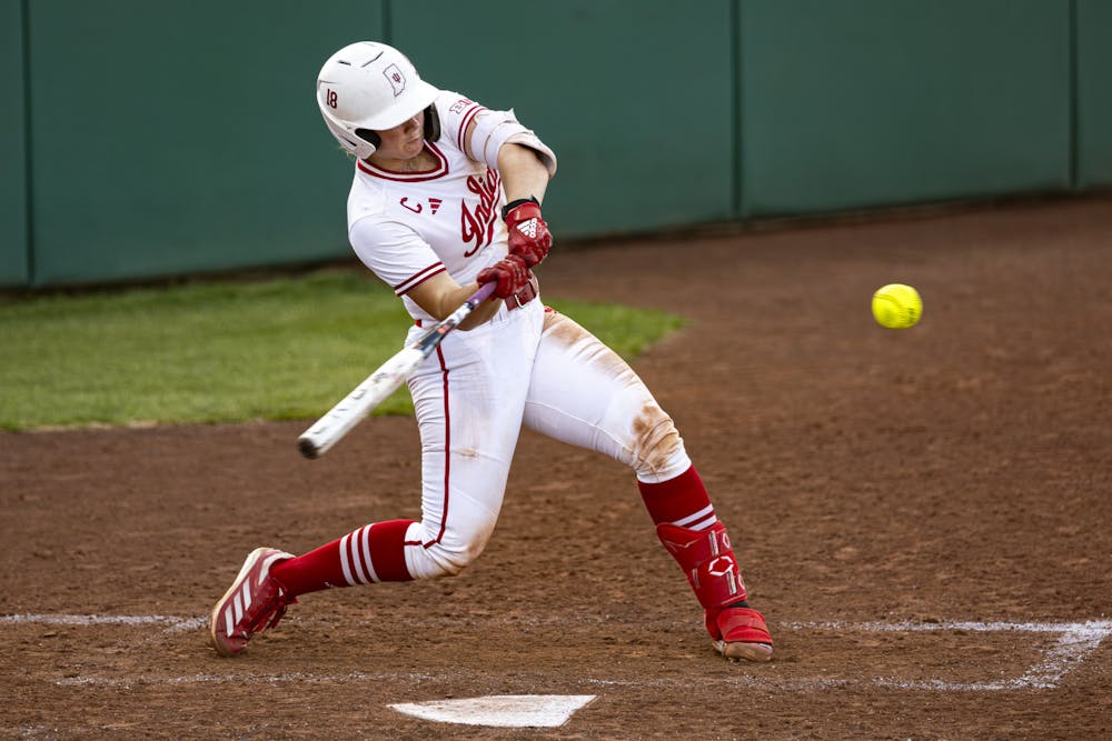 Avery Parker swings at a pitch during Indiana's win over Notre Dame at Andy Mohr Field on Tuesday, April 14, 2026. (Photo by Brady Owen / The Hoosier Network)
