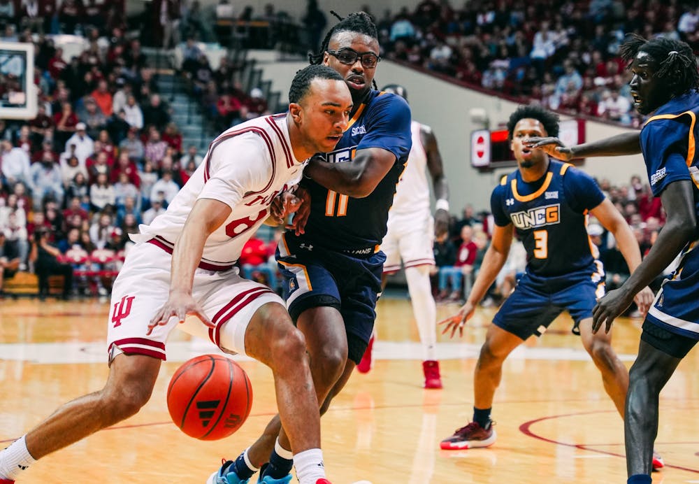 Bryson Tucker drives during Indiana's win over UNC Greensboro on Nov. 21, 2024. (HN photo/Shrithik Karthik)