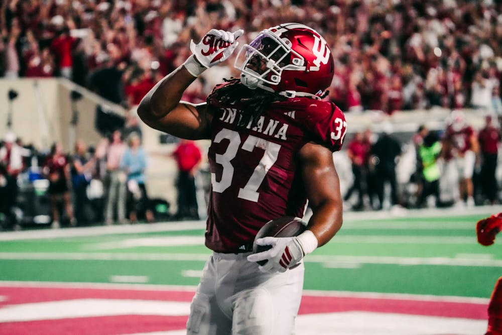 Riley Nowakowski celebrates after scoring a touchdown during Indiana's win over Illinois on Sept. 20, 2025. (HN photo/Shrithik Karthik)