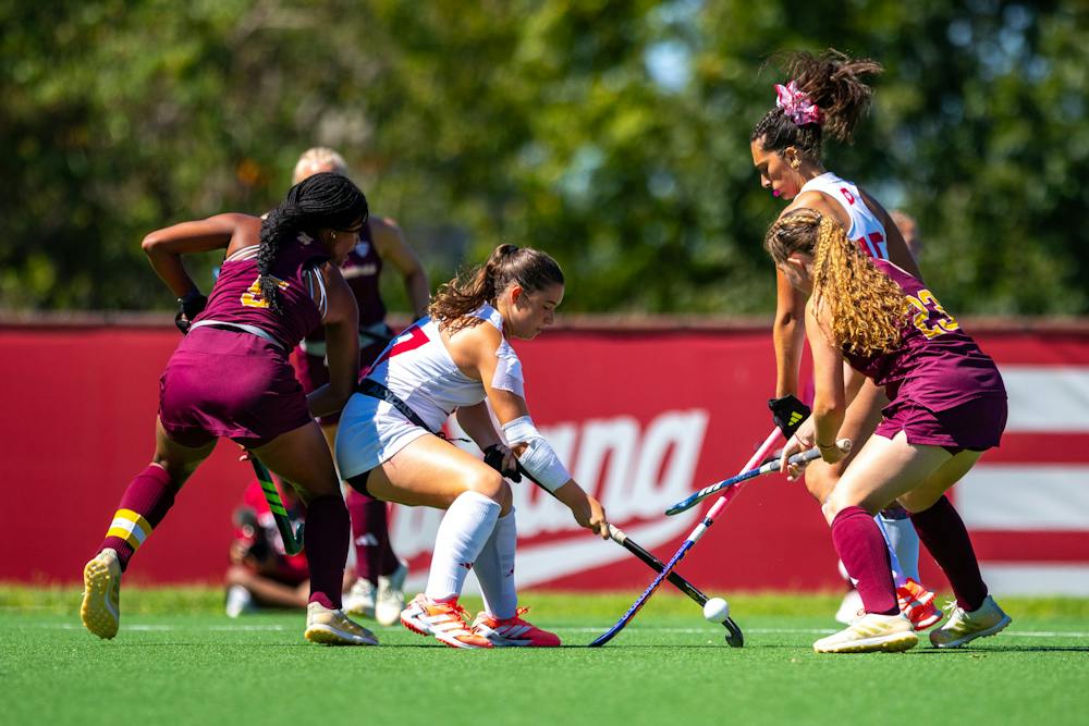 Celia Arroyo Cabezudo battles for the ball during the Indiana vs Central Michigan Field Hockey Game at Deborah Tobias Field on Monday, Sept. 7, 2026. (Photo by Lauren McKinney)