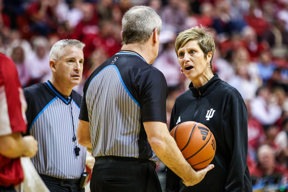 Teri Moren argues with referees during Indiana's loss to No. 1 UCLA on Jan. 4, 2025. (HN photo/Jaren Himelick)