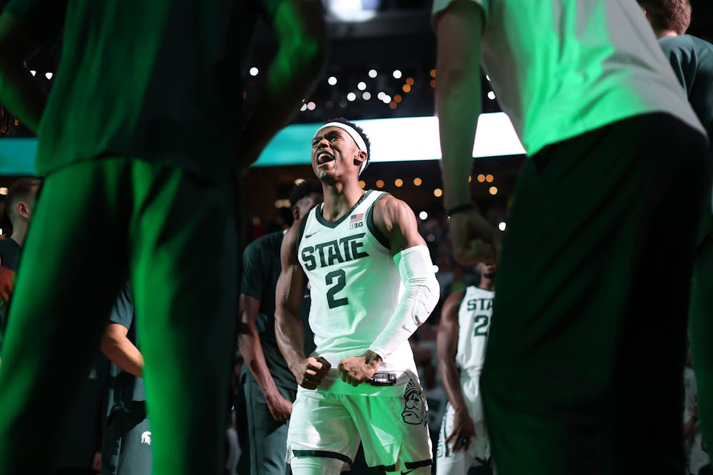 On Dec. 5, 2023, Michigan State's Tyson Walker (2) during introductions before a game against Wisconsin at Breslin Center on in East Lansing, Michigan. (Rey Del Rio/Getty Images/TNS)