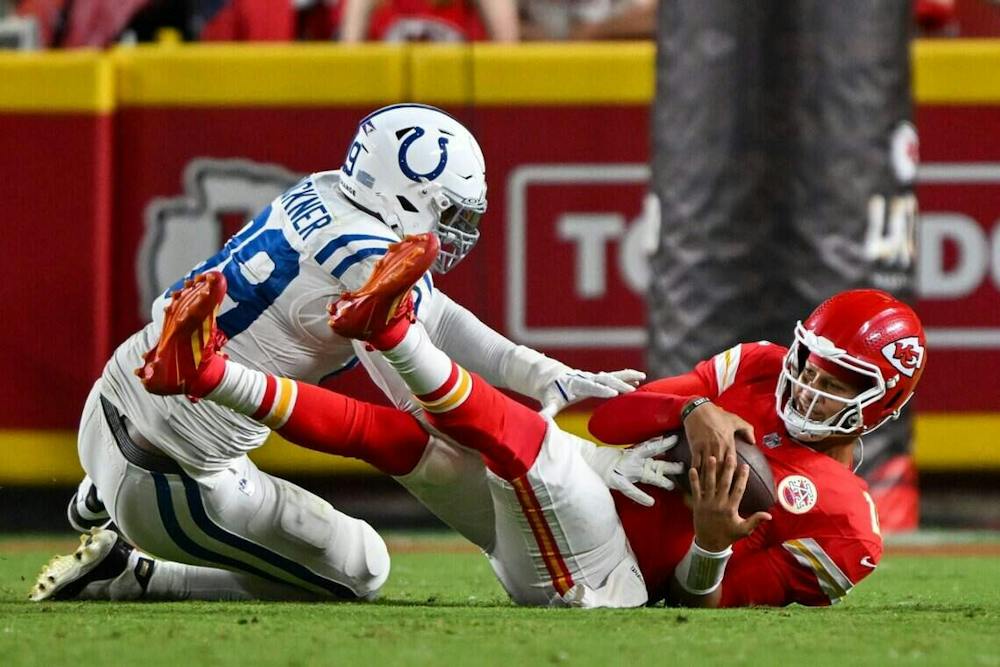<p>Kansas City Chiefs quarterback Patrick Mahomes (15) is sacked by DeForest Buckner (99) in the first half of the Kansas City Chiefs vs. Indianapolis Colts NFL regular season game at Arrowhead Stadium in Kansas City on Sept. 20, 2026 (Tribune Content Agency).</p>