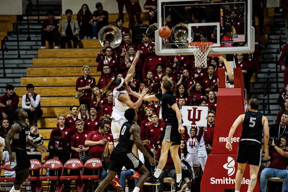 Malik Reneau takes a shot during IU's exhibition win over the University of Indianapolis on Oct. 29, 2023. (HN photo/Danielle Stockwell)