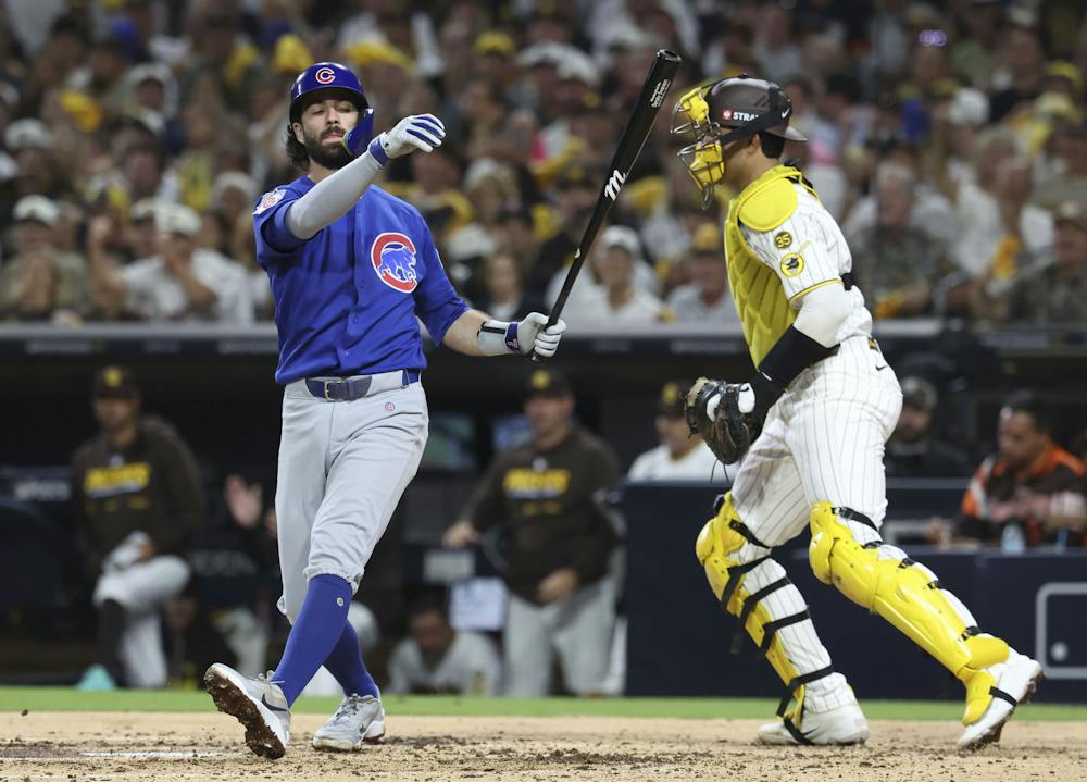 Chicago Cubs shortstop Dansby Swanson strikes out against the San Diego Padres in the third inning of Game 2 of their wild-card series on Sept. 30, 2026, in San Diego. (Brian Cassella/Chicago Tribune/TNS)