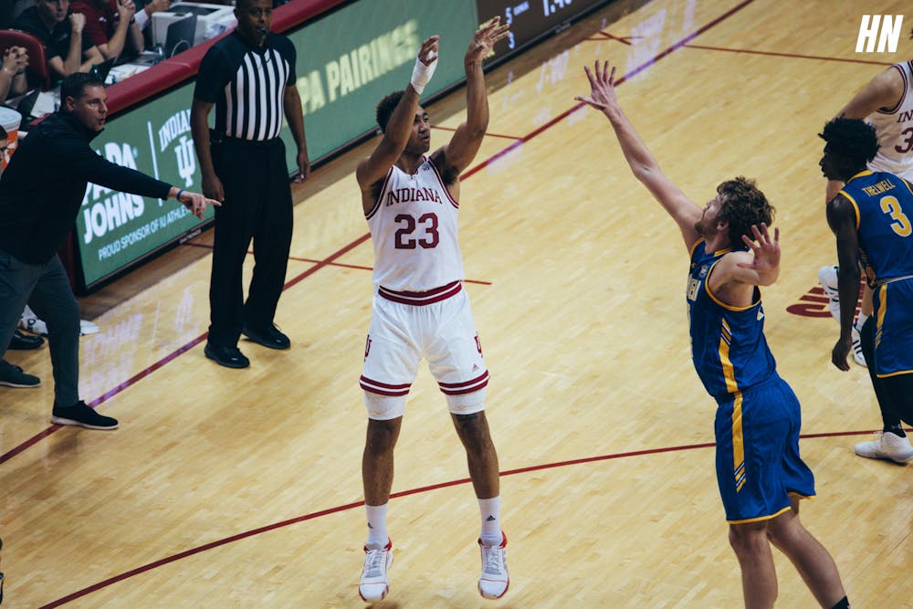 Indiana junior center Trayce Jackson-Davis takes a shot during Indiana's win over Morehead State on Monday night. (HN photo/Eden Snower)