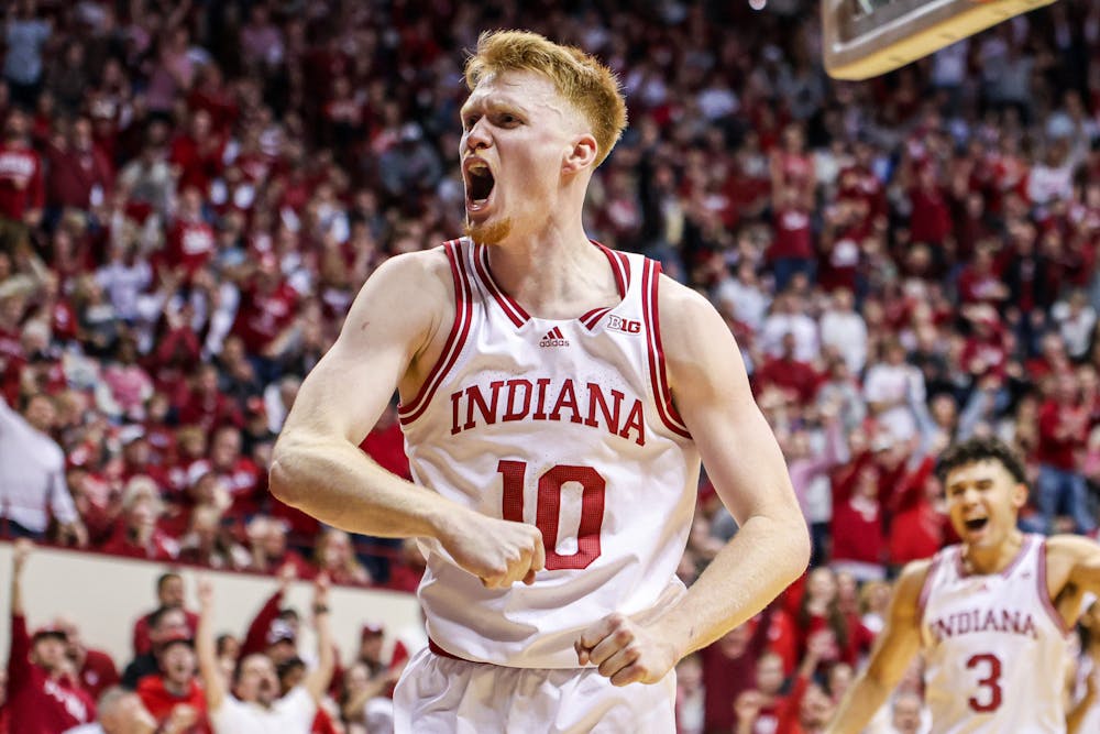 Luke Goode celebrates during Indiana's win over Purdue on Feb. 23, 2025. (HN photo/Jaren Himelick)