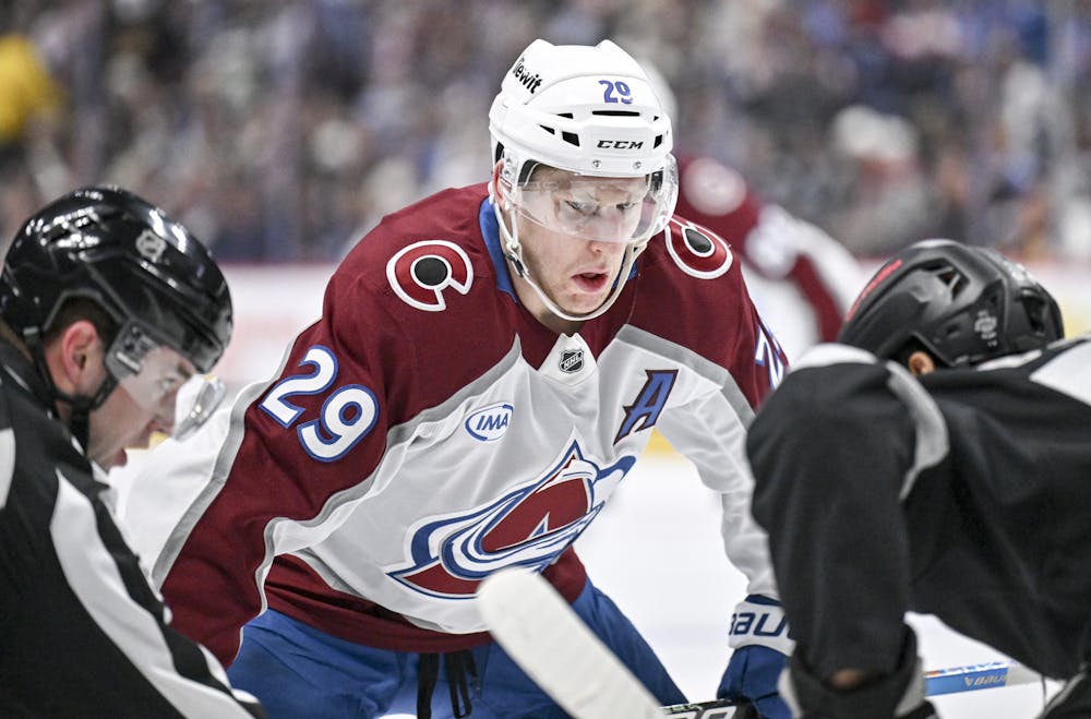 Nathan MacKinnon (29) of the Colorado Avalanche prepares for a face off during the third period of the Avs’ 5-2 win over the Los Angeles Kings at Ball Arena on Monday, Dec. 29, 2025. (Photo by AAron Ontiveroz/The Denver Post/Tribune Content Agency)