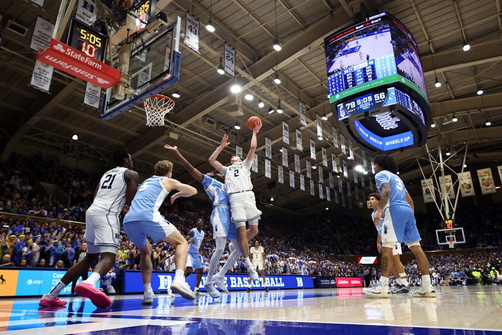 Duke's Cooper Flagg (2) attempts a shot during the second half against North Carolina at Cameron Indoor Stadium on Saturday, Feb. 1, 2025, in Durham, North Carolina. (Jared C. Tilton/Getty Images/TNS)