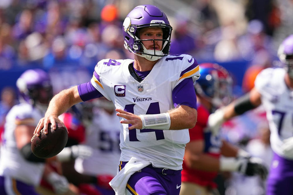 Minnesota Vikings quarterback Sam Darnold (14) looks to pass the ball in the second quarter against the New York Giants at MetLife Stadium on Sept. 8, 2024, in East Rutherford, New Jersey. (Mitchell Leff/Getty Images/TNS)