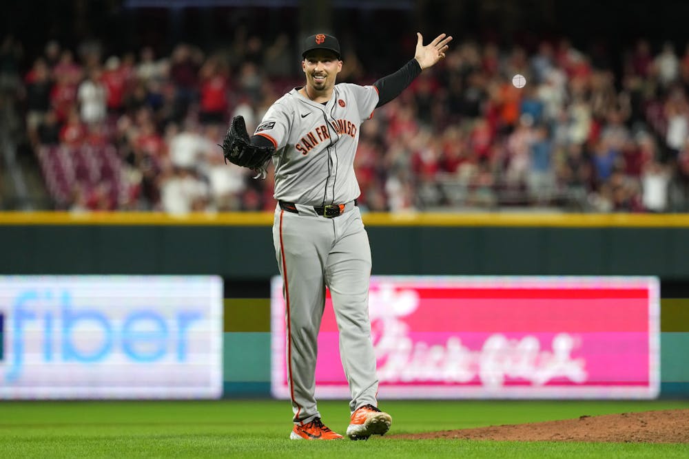 San Francisco Giants pitcher Blake Snell celebrates his first career no hitter after the final out against the Cincinnati Reds at Great American Ball Park on Friday, Aug. 2, 2024, in Cincinnati. (Jason Mowry/Getty Images/TNS)