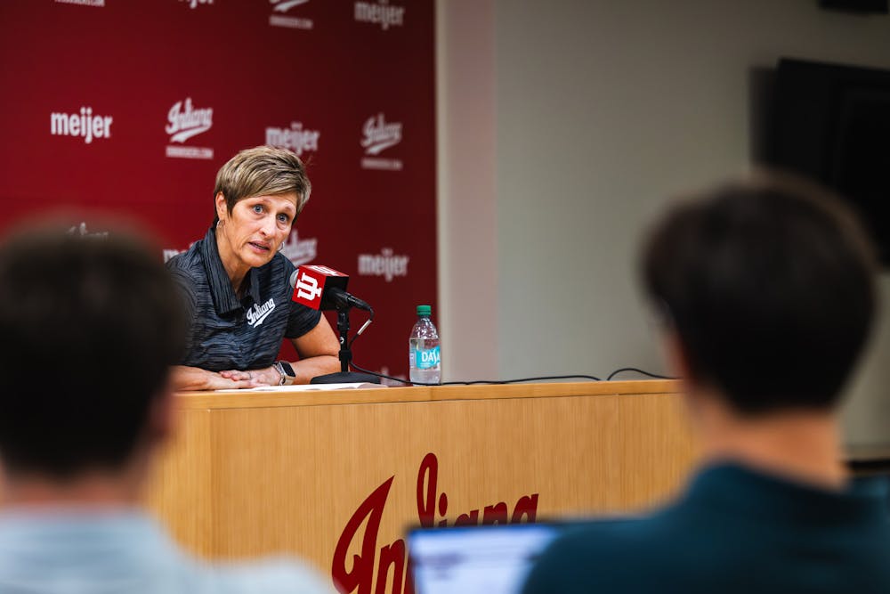 Teri Moren speaks to reporters at Indiana basketball media day on Sept. 18, 2024. (HN photo/Kallan Graybill)