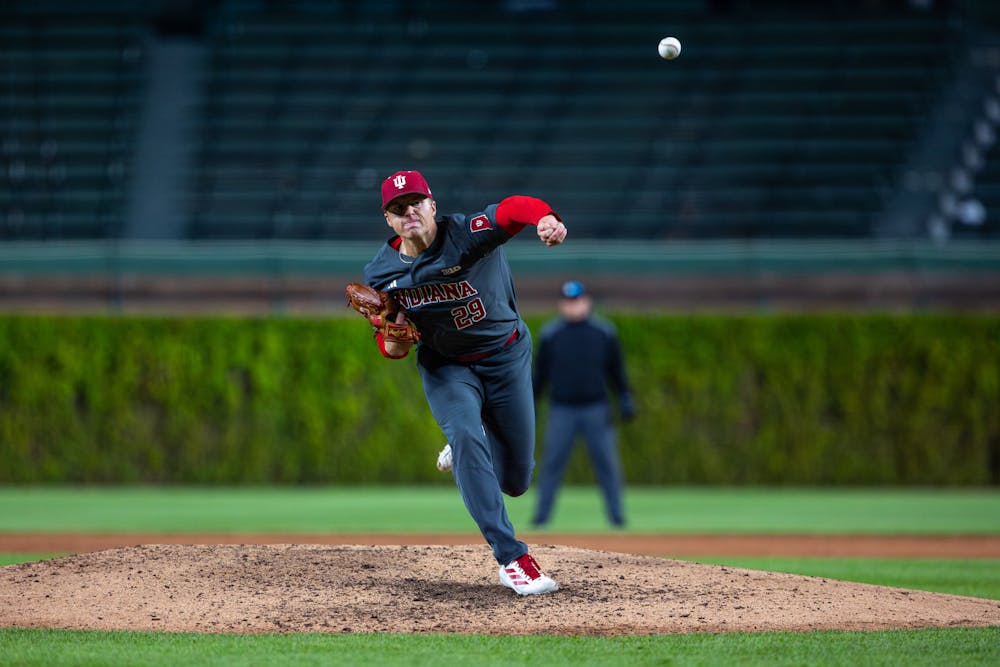 Tony Neubeck delivers a pitch during Indiana's win over Northwestern at Wrigley Field in Chicago on May 1, 2026. (HN photo/Lauren McKinney)