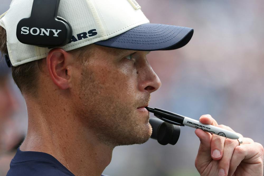 Chicago Bears head coach Ben Johnson watches a play in the second quarter against the Carolina Panthers at Bank of America Stadium on Sept. 13, 2026, in Charlotte, North Carolina. (John J. Kim/Chicago Tribune/TNS)