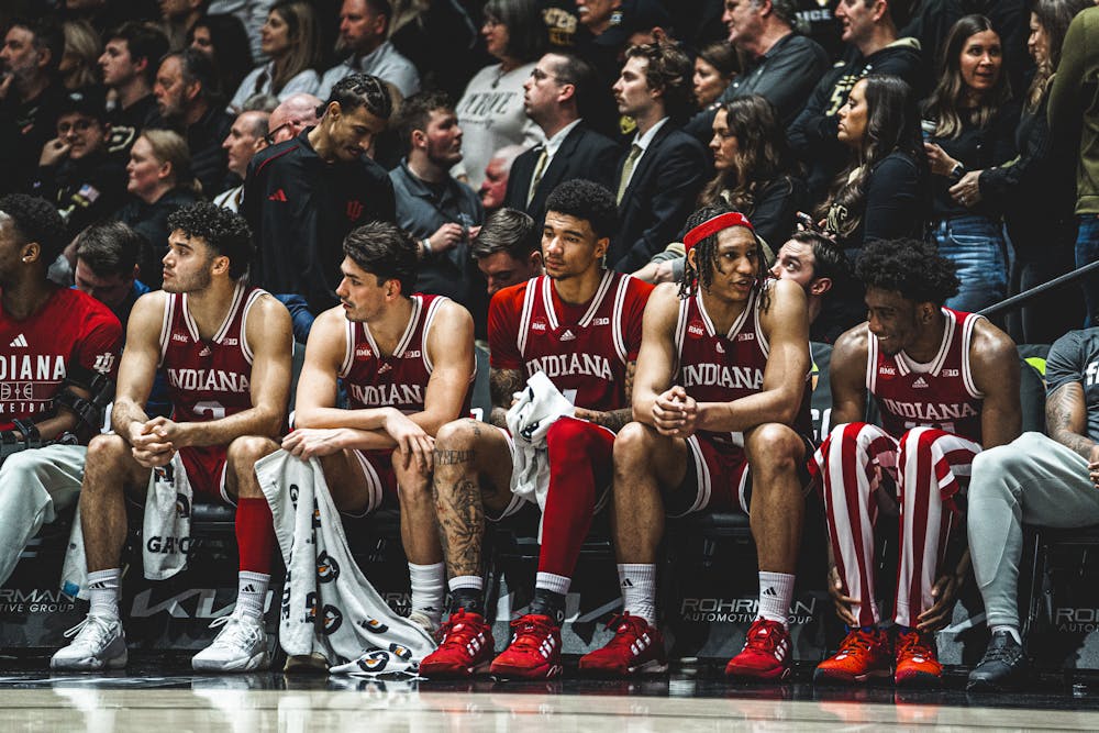 Indiana players watch from the bench during Indiana's loss to Purdue on Feb. 10, 2024. (HN photo/Nicholas McCarry)