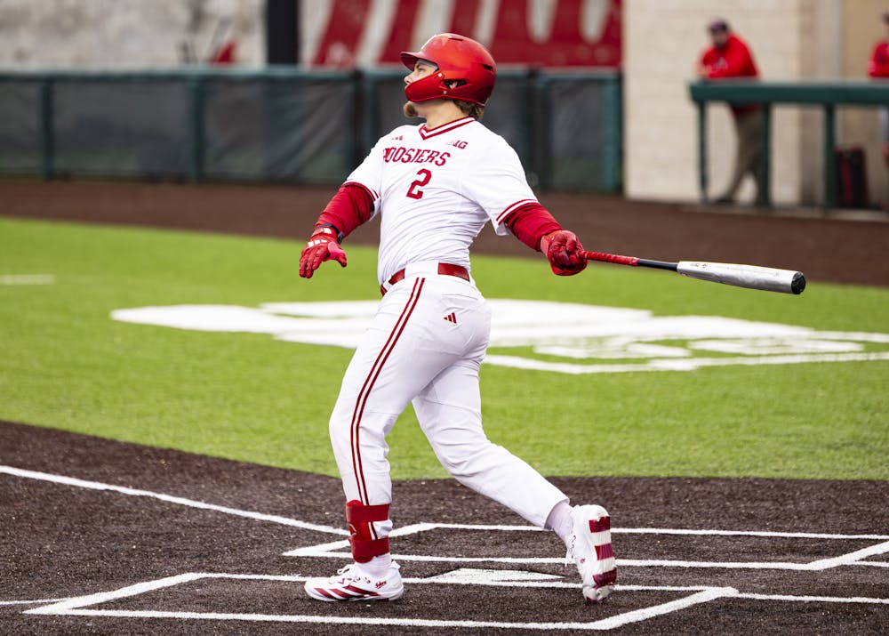 Hogan Denny puts a ball in play during Indiana's win over Bradley on Feb. 17, 2026. (HN photo/Brady Owen)