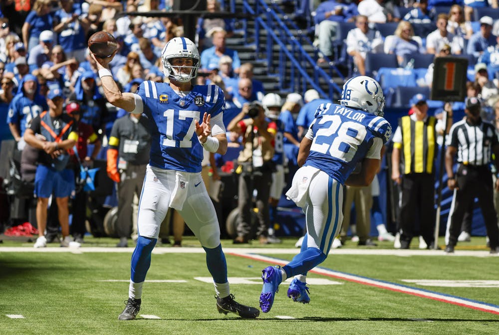 Indianapolis Colts quarterback Daniel Jones (17) prepares to throw a pass during the first half of an NFL game against the Miami Dolphins at Lucas Oil Stadium on Sunday, Sept. 7, 2025, in Indianapolis. (Al Diaz/Miami Herald/TNS)