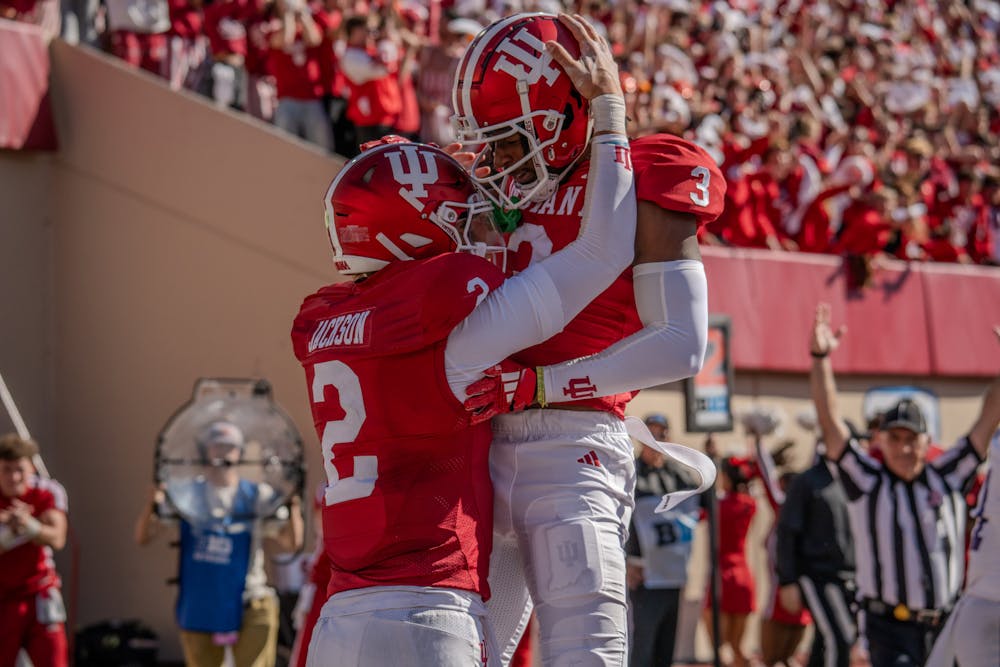 Tayven Jackson and Omar Cooper Jr. celebrate touchdown in 31-17 win over Washington on Oct. 26, 2024. (HN photo/Danielle Stockwell)