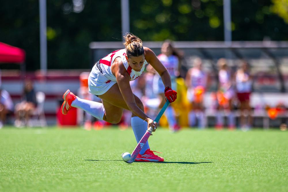 Theresa Ricci handles the ball during the Indiana vs Central Michigan Field Hockey Game at Deborah Tobias Field on Monday, Sept. 7, 2026. (HN photo/Lauren McKinney)