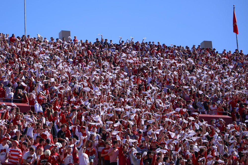 Fans in the Indiana student section wave “Study Later” towels on third down in a 56-7 win over Nebraska on Oct. 19, 2024. (HN photo/Jaren Himelick)