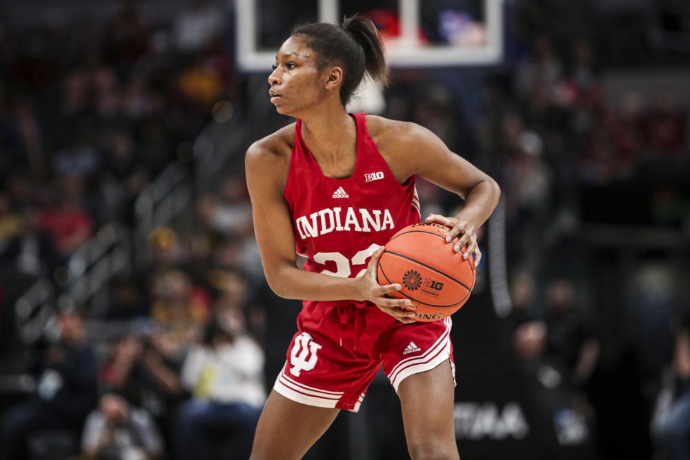 Guard Chloe Moore-McNeil of the Indiana Hoosiers during the game between the Iowa Hawkeyes and the Indiana Hoosiers at Gainbridge Fieldhouse in Indianapolis, IN. Photo By Andrew Mascharka/Indiana Athletics