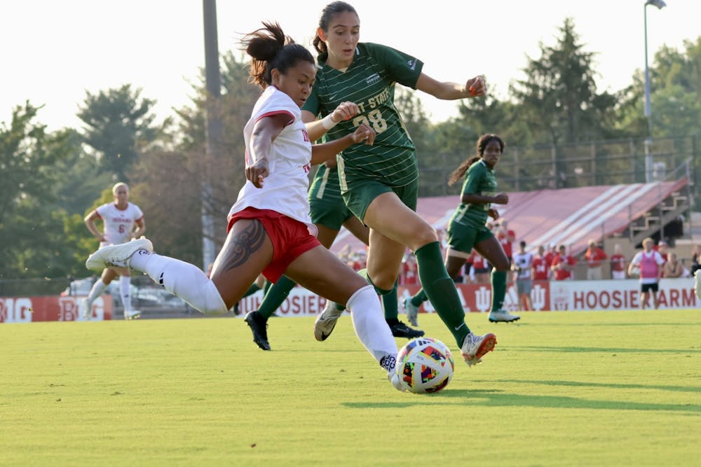 Senior Midfielder Hope Paredes takes a shot during Indiana's win over Wright State on Aug. 29, 2024. (HN Photo/Alexandra Halm)