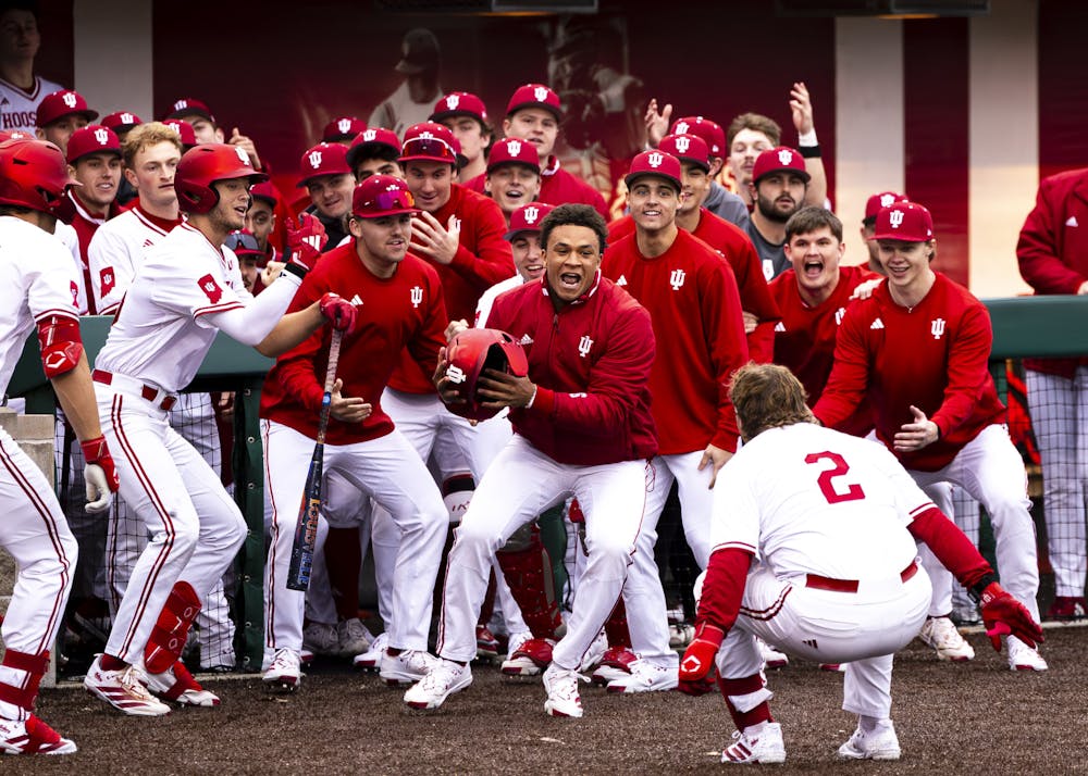 Indiana players celebrate with Hogan Denny (2) during Indiana's win over Bradley on Feb. 17, 2026. (HN photo/Brady Owen)