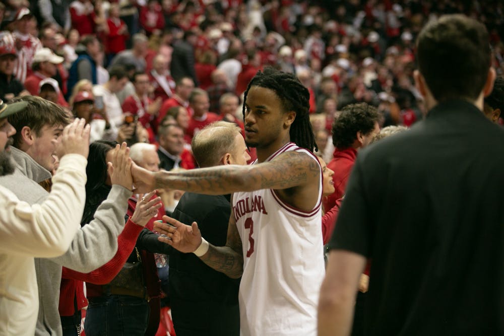 Lamar Wilkerson celebrates with fans after Indiana's win over Wisconsin on Feb. 7, 2026. (HN photo/Sophie Doyne)