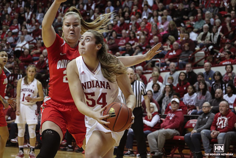 Mackenzie Holmes goes up for a layup against Ohio State. (Ross Abdellah/HN)