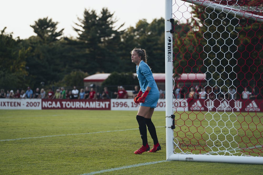Indiana goalkeeper Jamie Gerstenberg surveys the field during Indiana's match against Ball State on Aug. 26. (HN photo/Daniel Rodriguez)
