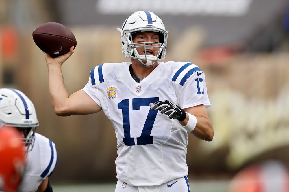 Philip Rivers (17) of the Indianapolis Colts throws a pass in the second quarter against the Cleveland Browns at FirstEnergy Stadium on Oct. 11, 2020, in Cleveland. (Gregory Shamus/Getty Images/TNS)