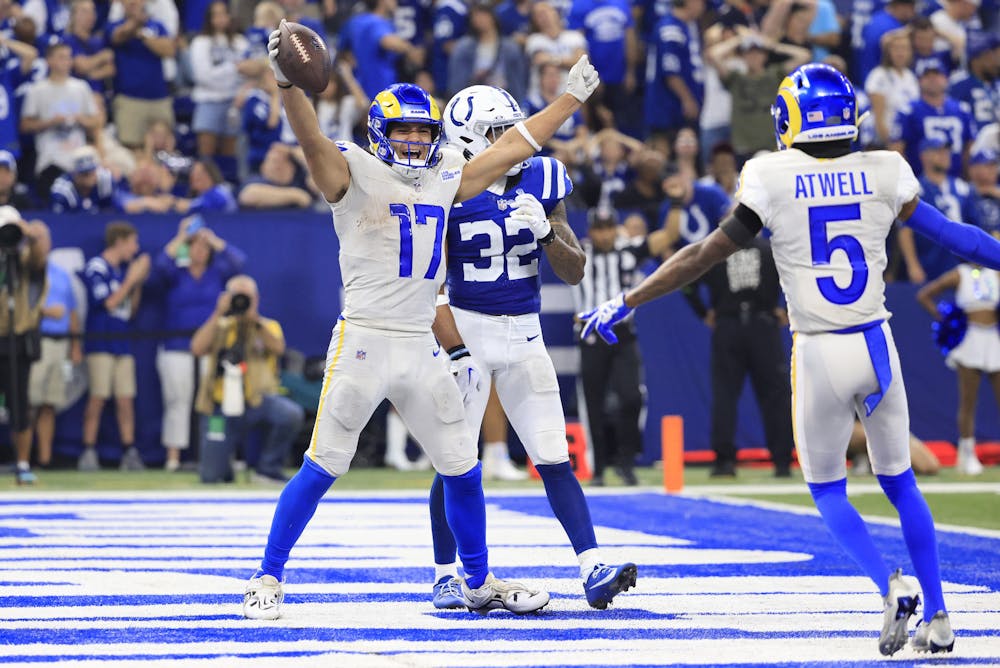 Puka Nacua (17) of the Los Angeles Rams celebrates a walk-off, game-winning touchdown against the Indianapolis Colts during the fourth quarter at Lucas Oil Stadium on Sunday, Oct. 1, 2023, in Indianapolis. (Justin Casterline/Getty Images/Tribune News Service)