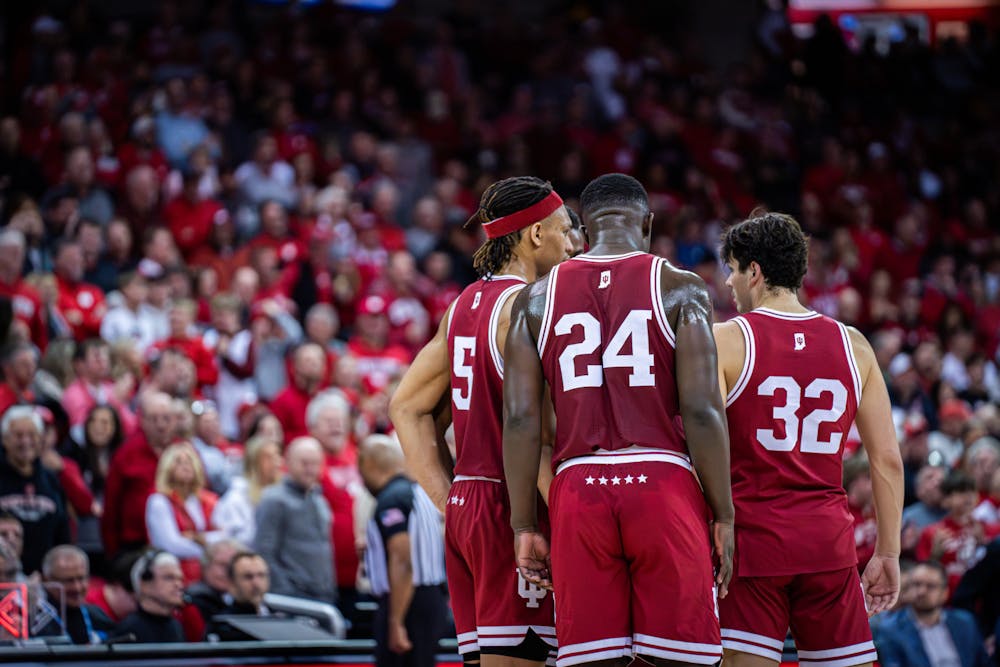 Indiana players huddle during Indiana's loss to Wisconsin on Jan. 19, 2024. (HN photo/Danielle Stockwell)