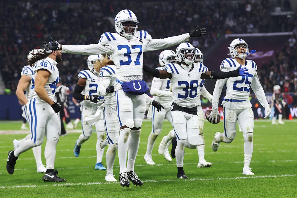 Indianapolis Colts players celebrate after the team's 10-6 victory over the New England Patriots at Deutsche Bank Park on Sunday, Nov. 12, 2023, in Frankfurt am Main, Germany. (Alex Grimm/Getty Images/TNS)