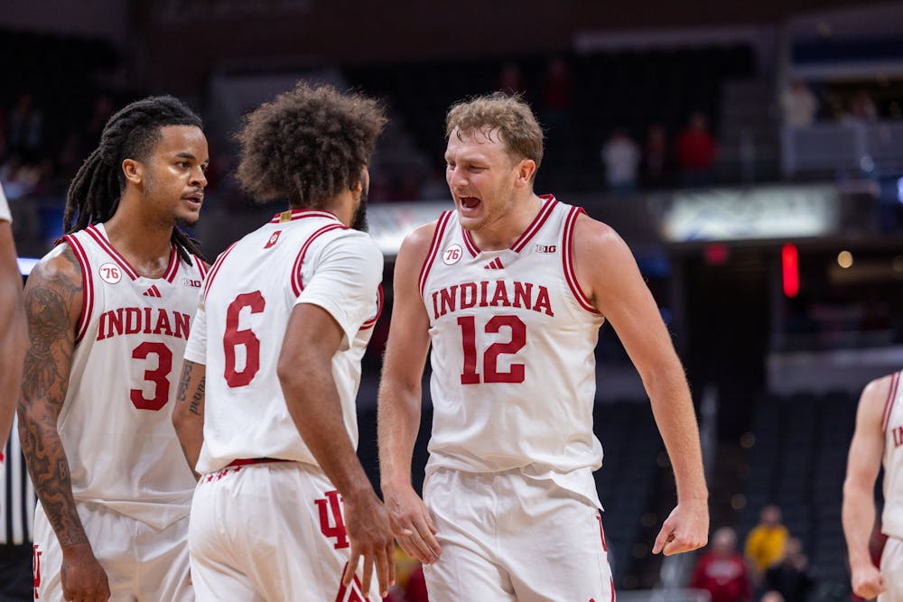 Tucker DeVries (12) celebrates during Indiana's exhibition win over Baylor in Indianapolis on Oct. 26, 2025. (HN photo/Sophie Doyne)