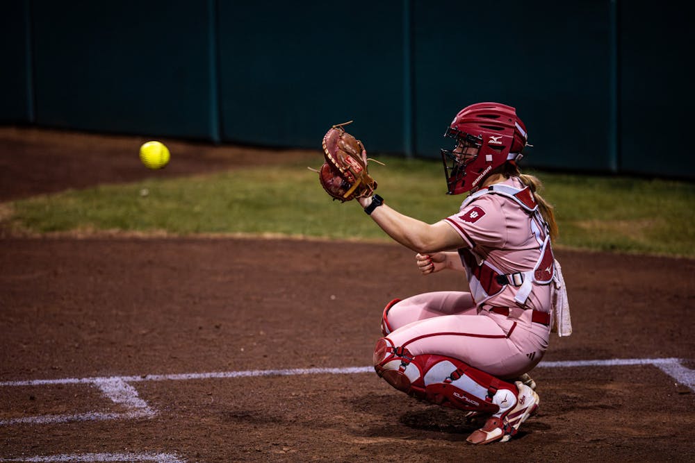 Avery Parker catches a pitch during Indiana's loss to Minnesota on March 6, 2026. (Photo courtesy of IU Athletics)