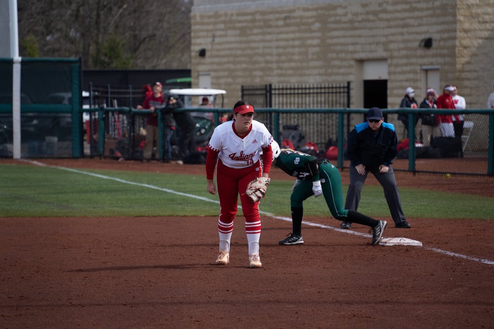 Sophomore utility player Sarah Stone plays first base during Indiana's win over Wisconsin-Green Bay on March 4. (HN photo/Nicholas McCarry)