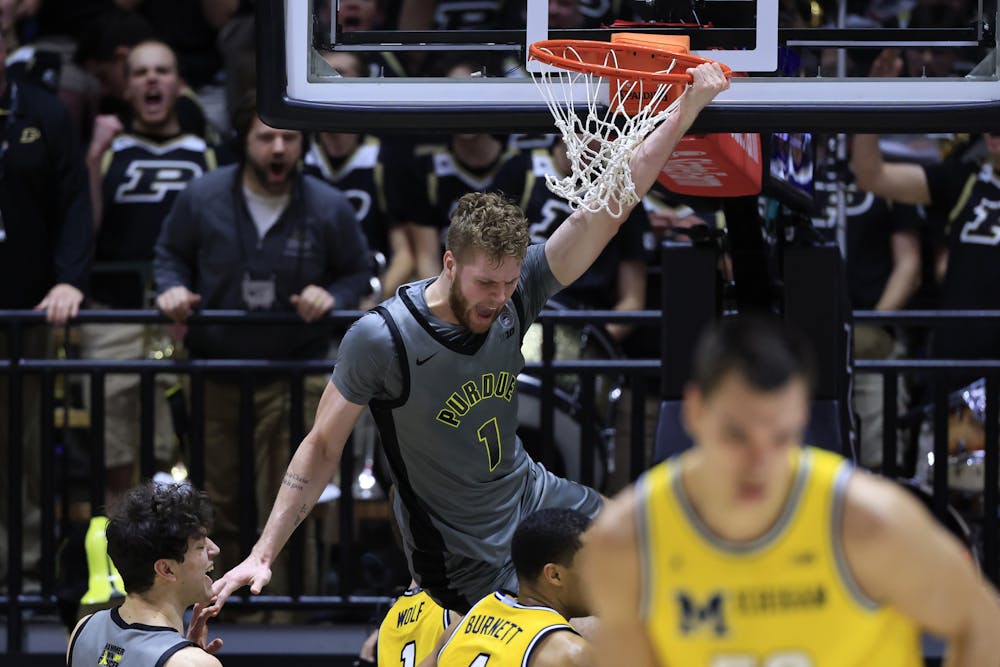 Purdue's Caleb Furst (1) dunks against Michigan during the first half at Mackey Arena on Friday, Jan. 24, 2025, in West Lafayette, Indiana. (Justin Casterline/Getty Images/TNS)