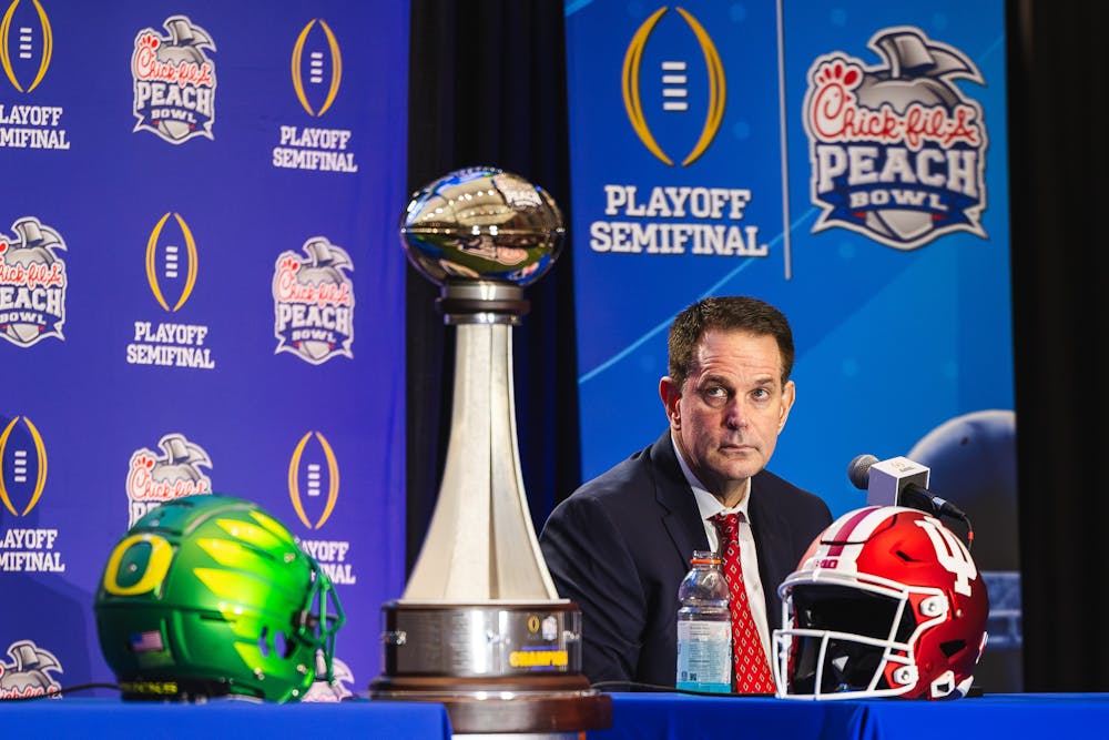 <p>Indiana head coach Curt Cignetti looks on during his coaches’ press conference at the College Football Hall of Fame for the Peach Bowl on Jan. 8, 2026. (HN Photo/Kallan Graybill) </p><p></p>