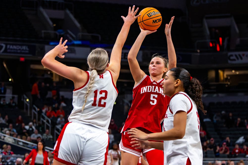 Lenee Beaumont takes a shot during Indiana's victory over Nebraska in the first round of the Big Ten Tournament at Gainbridge Fieldhouse in Indianapolis on March 4, 2026. (HN photo/Lauren McKinney)
