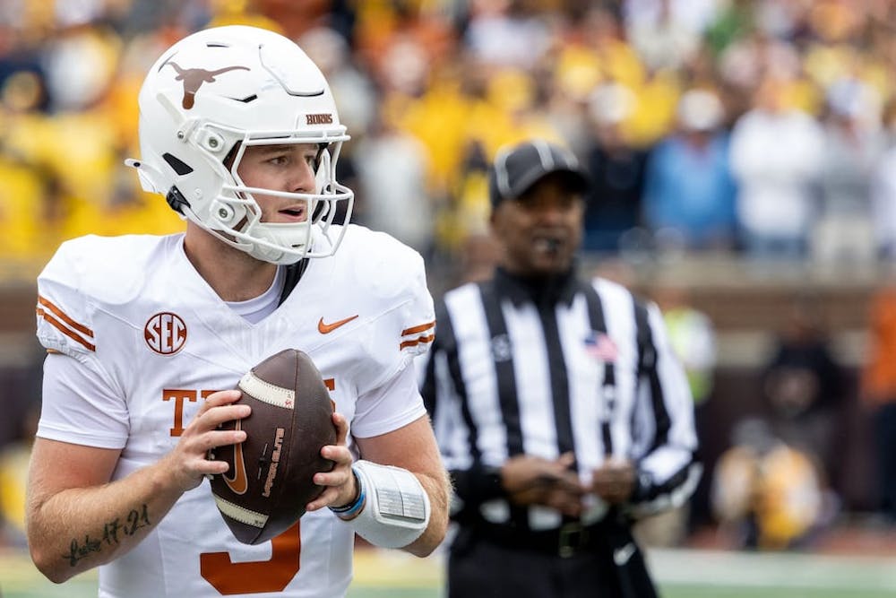 Texas Longhorns quarterback Quinn Ewers (3) looks to pass as Michigan football hosts Texas at Michigan Stadium in Ann Arbor on Saturday, Sept. 7 2024. (Jacob Hamilton/Tribune Content Agency)