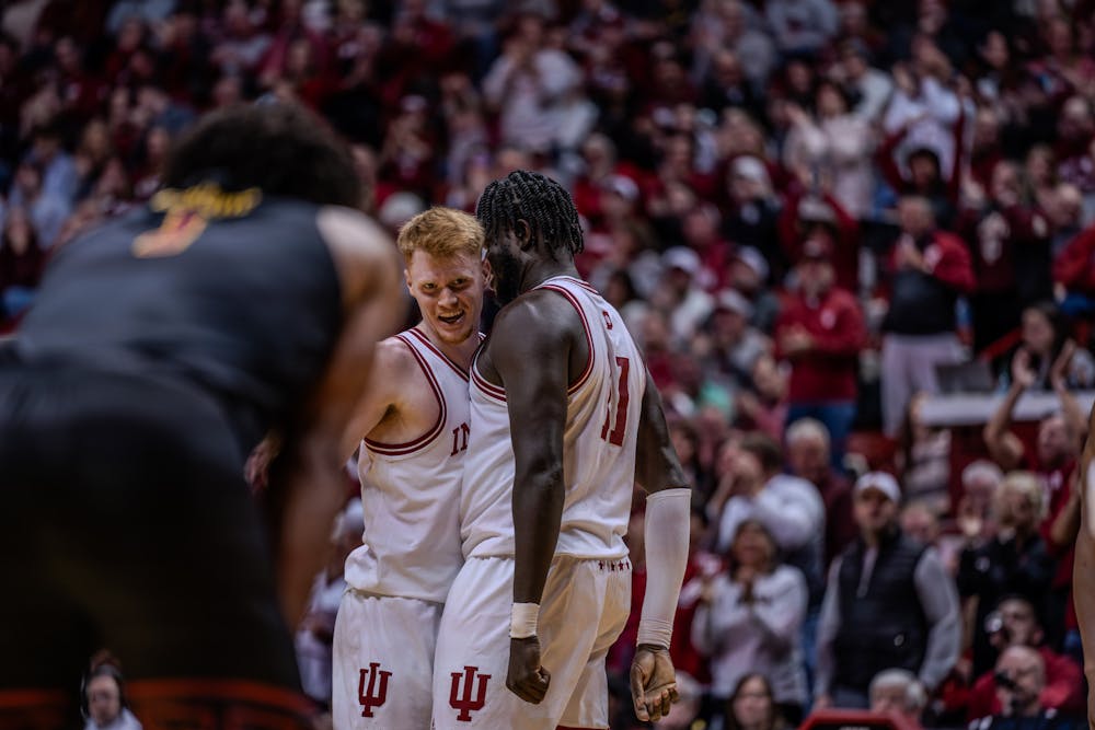 Luke Goode (left) and Oumar Ballo celebrate during Indiana's win over USC on Jan. 8, 2025. (HN photo/Danielle Stockwell)