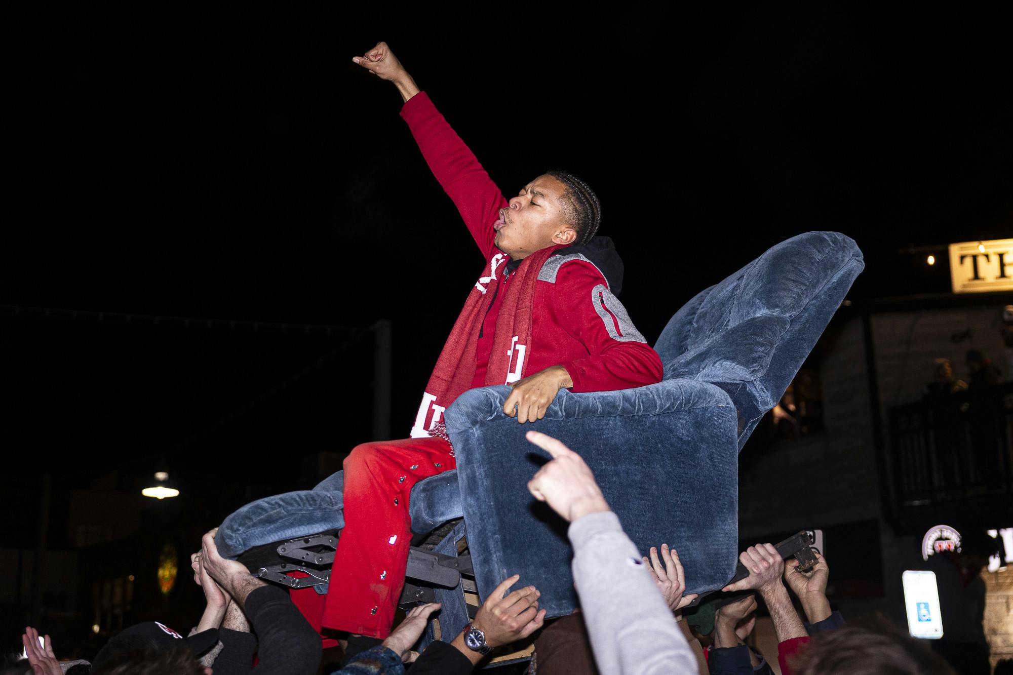 Indiana fans celebrate football National Championship on Kirkwood, in Assembly Hall