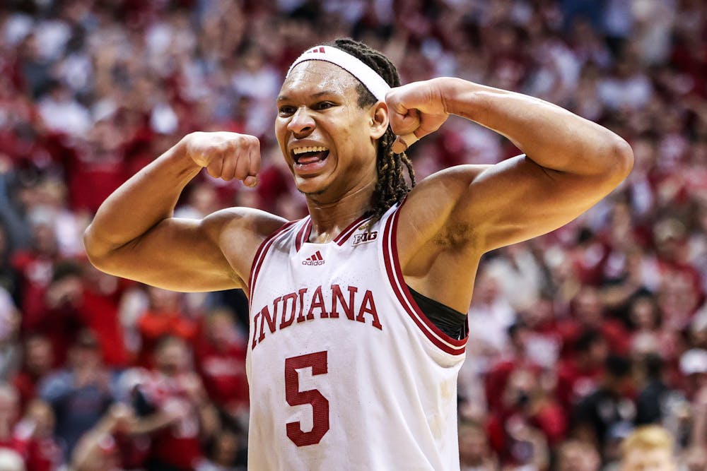 Malik Reneau flexes during Indiana's win over No. 13 Purdue on Feb. 23, 2025. (HN Photo/Jaren Himelick)