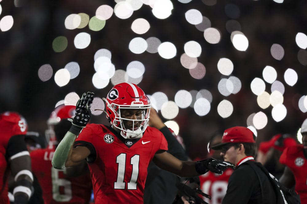 Georgia wide receiver Arian Smith (11) celebrates the start of the fourth quarter during their win against Tennessee at Sanford Stadium, Saturday, November 16, 2024, in Athens, Ga. Georgia won 31-17. (Jason Getz / AJC/Tribune Content Agency)