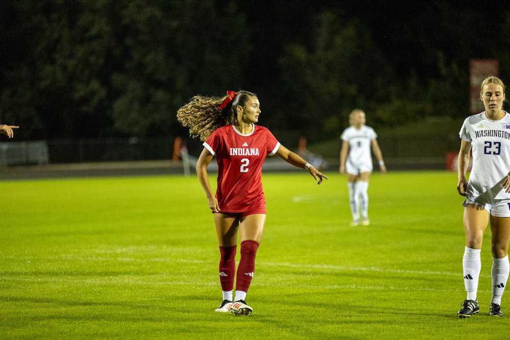 Kennedy Neighbors gestures during Indiana's draw against Washington on Sept. 25, 2025. (HN photo/Sophie Doyne)